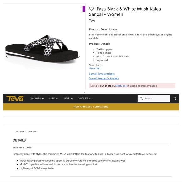 teva kids size chart